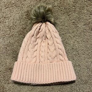Pink and Brown Hat With Pom-Pom